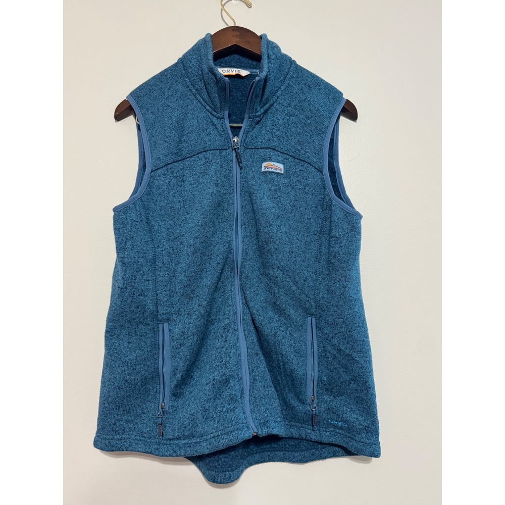 Orvis Women's Blue Sweater Fleece Full Zip Vest Mock Neck Size Medium Heathered